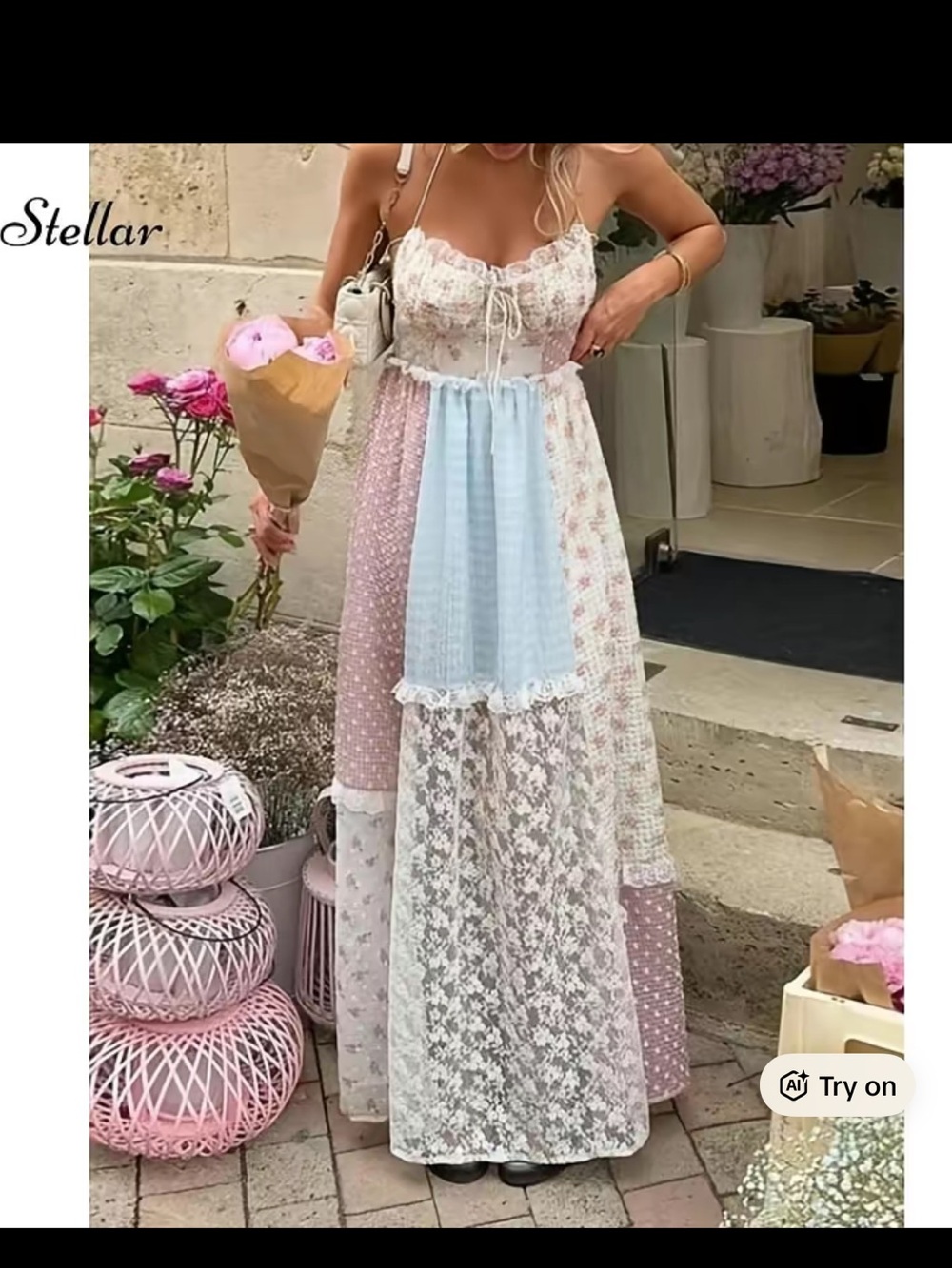 NWOT Multi Patchwork Summer Lace Maxi Dress - Pink & Blue
